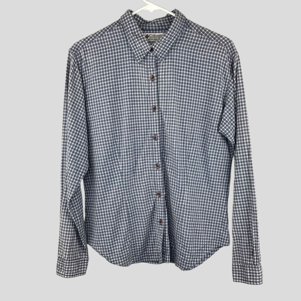 Vintage Columbia Button Down Shirt Womens Size L Blue + White Check Plaid Cotton